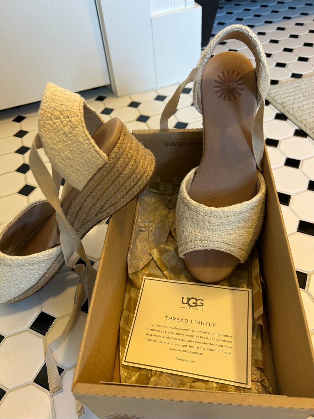 UGG Cream Woven Espadrille Wedge Sandals with Ankle Ties
